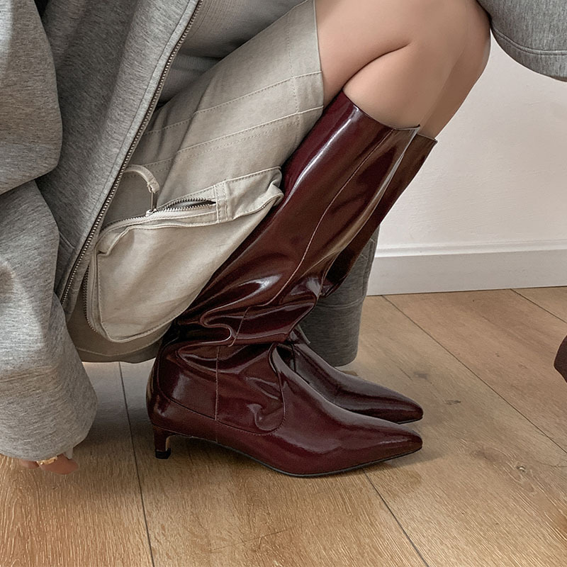 New Korean style pointed thin heel cowhide knee-high boots ~ stitching sleeve middle heel simple fashion boots plus size women's boots 40 New Korean style pointed thin heel cowhide knee-high boots ~ stitching sleeve middle heel simple fashion boots plus size women's boots 40