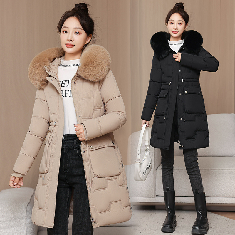 Algodón de invierno de mujer coreana chaqueta de algodón 2025 nuevo estilo coreano de cintura larga delgada chaqueta de algodón de cuello grande engrosado