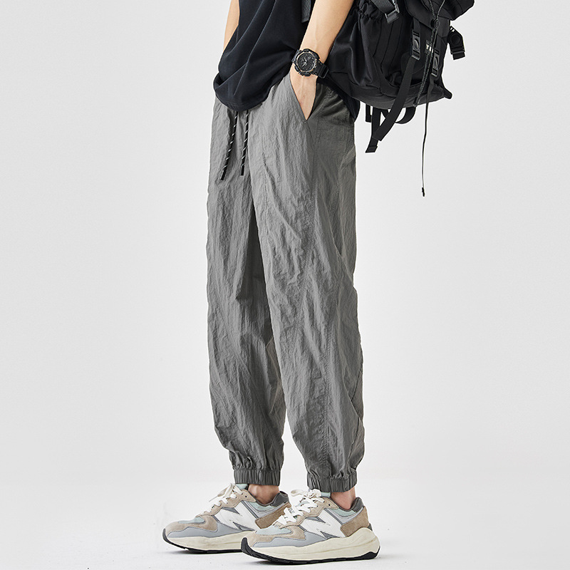 American-Style Trendy Brand Thin Ice Silk Jogger Pants for Men, Loose Fit, Versatile, Quick-Dry Sports Pants, Breathable Cropped Casual Pants for Men