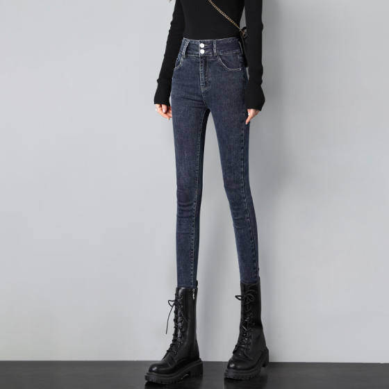High Waist Elastic Jeans Women's Autumn and Winter 2024 New plus size Slim Pencil Tight Foot Pants Winter fleece-lined