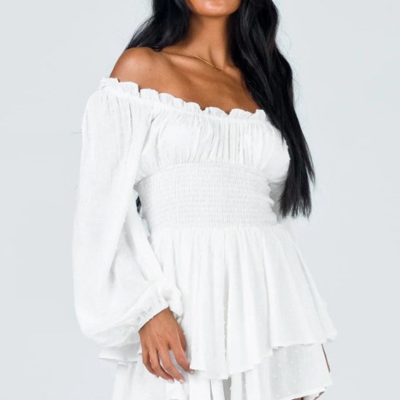 Transfronterizo europeo y americano 2024 Amazon verano Mujer plisada fuera del cuello manga larga casual con volantes francés de una pieza pantskirt