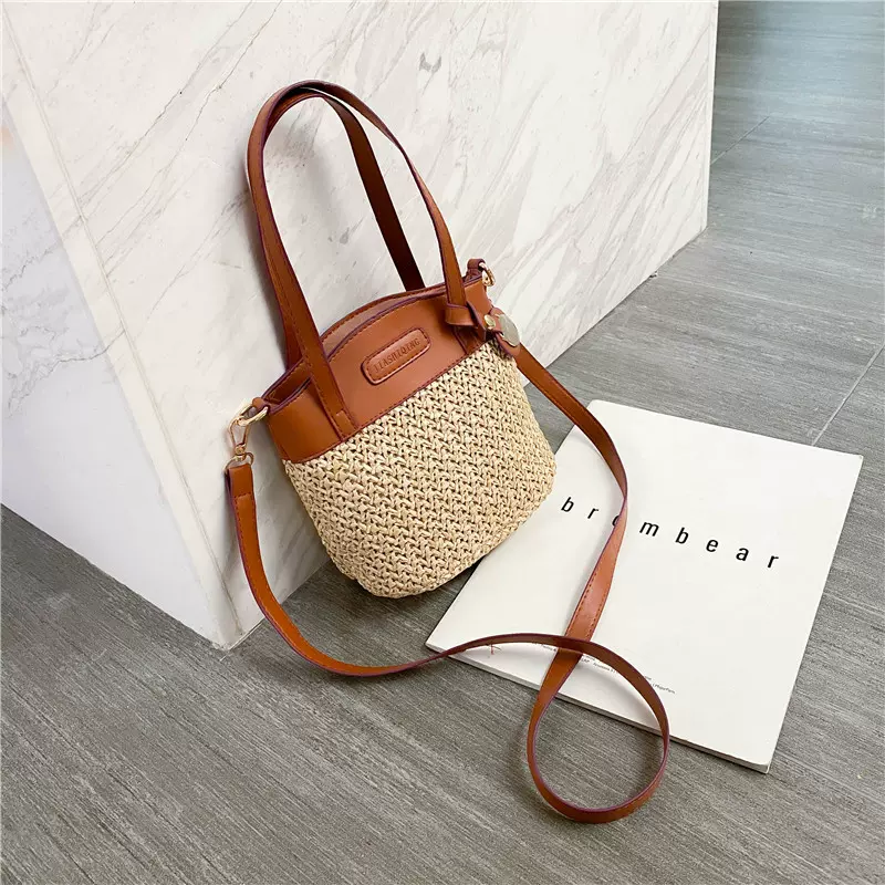 时尚草编包2025秋冬季新款休闲潮流女包单肩斜挎包手提撞色沙滩包