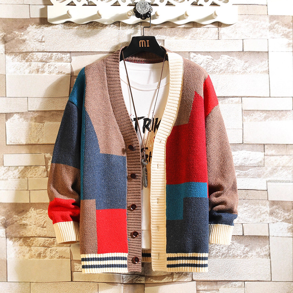 Cardigan col V pour homme – Tricot léger coupe décontractée (rouge/jaune, S-3XL)_voghion.com