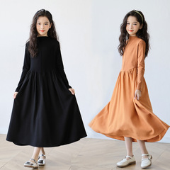 女童連衣裙2024春秋新款赫本風拼接長裙中大童長袖連衣裙親子裝