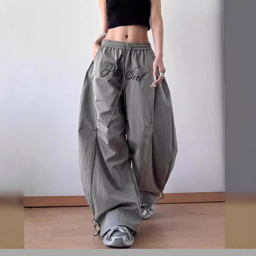 American Letter Embroidered Pleated Parachute Workwear Leisure Pants for Women 2025 Spring New Style Flowy Wide Leg Knife Pants