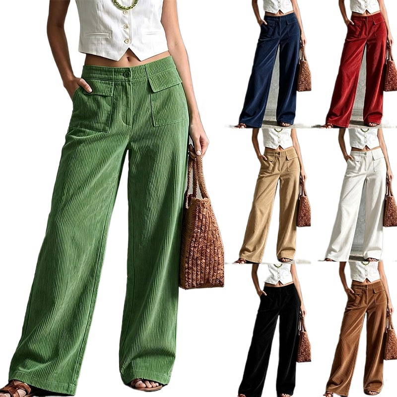 2026 Fall/Winter Vintage Corduroy Wide-Leg Pants for Women, High-Waisted Double-Pocket Straight-Leg Trousers, European and American Cross-Border Casual Pants 2026 Fall/Winter Vintage Corduroy Wide-Leg Pants for Women, High-Waisted Double-Pocket Straight-Leg Trousers, European and American Cross-Border Casual Pants