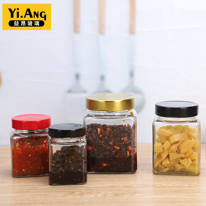 四方玻璃蜂蜜果酱瓶 罐头瓶 酱菜密封罐透明玻璃瓶辣椒酱瓶玻璃瓶