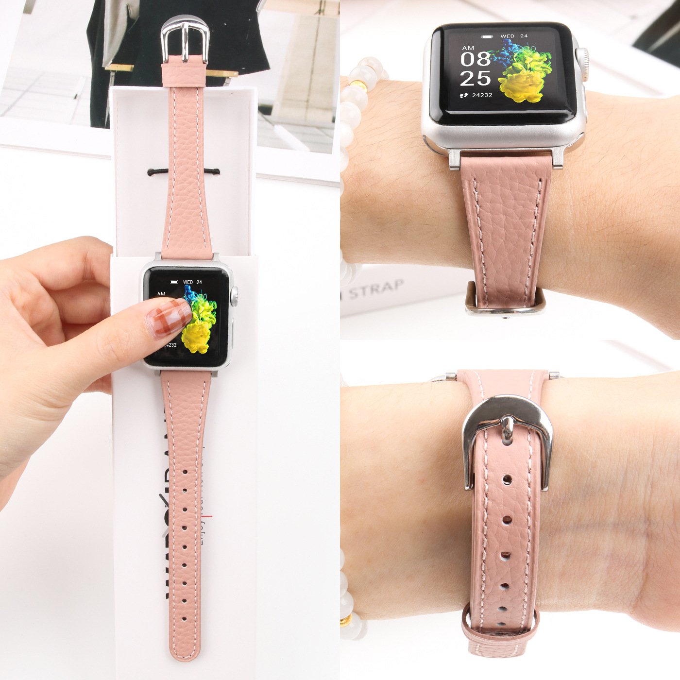 Suitable for Apple iWatch Watch Strap, Genuine Leather S11/10/9/8/Se/Ultra3 Lychee Pattern Small Waist Strap