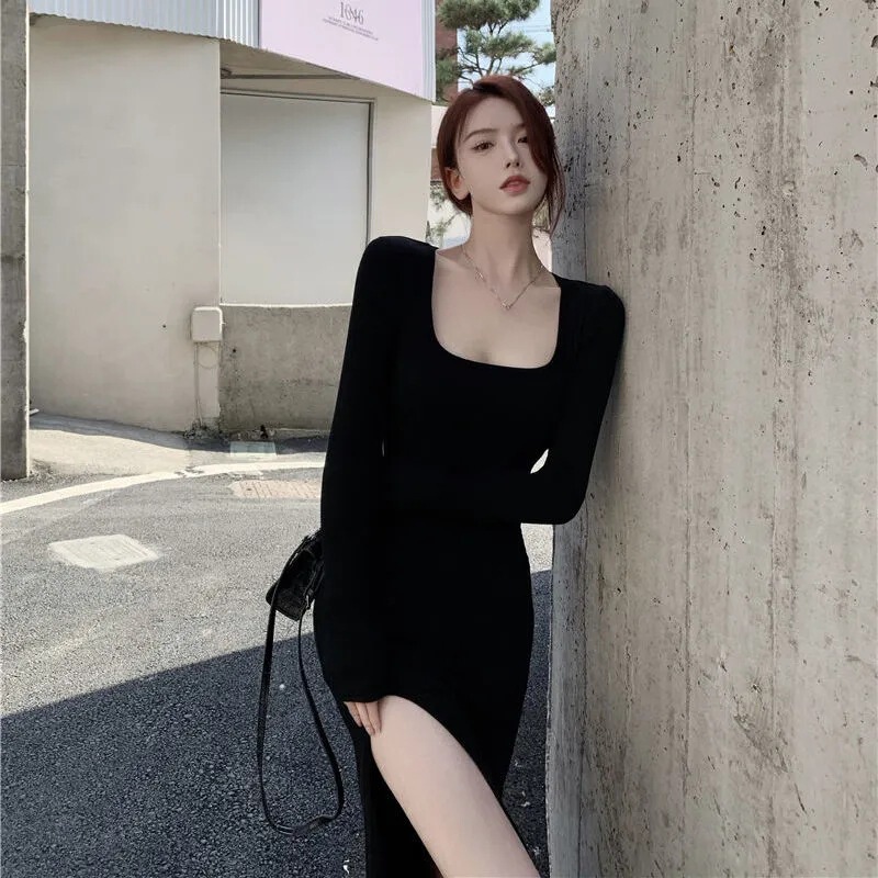 Women's Black Tight Hip Slit Dress Base Midi Dress 2023 Spring and Autumn Elegant All-match Square Collar Skirt