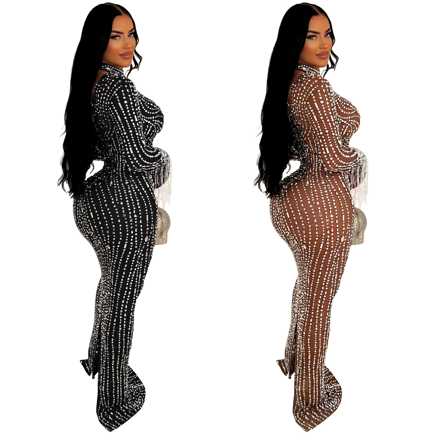 C6919 Aliexpress transfronterizo Amazon estación independiente de moda europea y americana ropa de mujer de color sólido malla de diamante vestido largo image 6