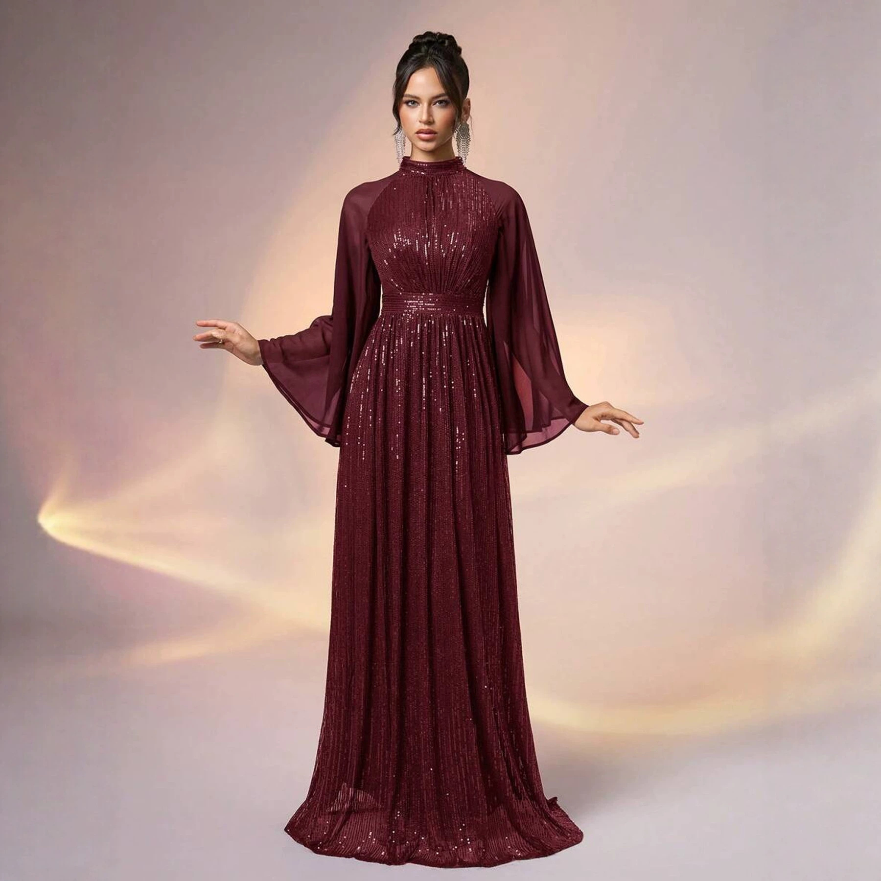 2026 European and American elegant sequin raglan sleeve long evening dress, personalized sequin dress