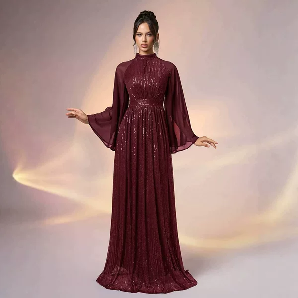 2026 European and American elegant sequin raglan sleeve long evening dress, personalized sequin dress