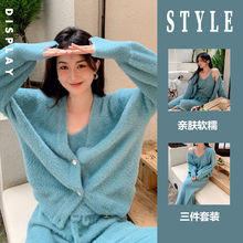 韩版纯色加厚珊瑚绒睡衣女冬季新款少女高级海岛绒家居服三件套装
