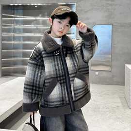 男童加厚格子呢大衣冬季新款外套