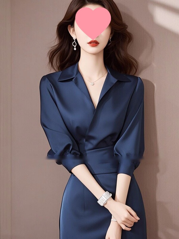 French-Style Exquisite Light Luxury High-End Formal Occasion Elegant Waist-Cinching Chanel-Style Satin Solid Color Shirt Dress for Autumn