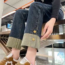 水泥灰牛仔裤女小个子窄版直筒裤高腰拼接烟管九分法棍裤