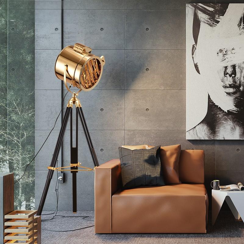 Industrial Style Floor Lamp Stainless Steel Solid Wood Searchlight Silver Gold Living Room Personalized Creative Eye Protection Retro Industrial