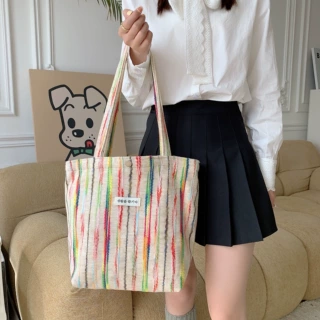 慵懒风彩色竖条纹帆布托特包文艺肌理感大容量单肩帆布包出行布袋