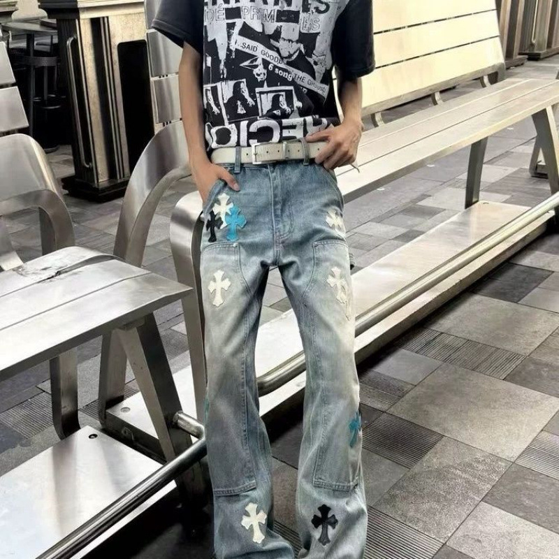 New Trendy Ch Cross Leather Label Washed Jeans Couple Street Loose Spring and Autumn Straight Pants Unisex