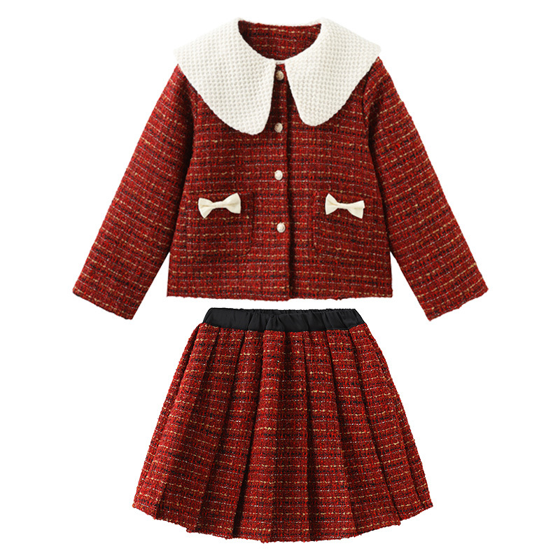 Ropa de otoño e invierno para niñas 2023 nueva Navidad Año Nuevo collar de muñeca Chaqueta de punto falda conjunto de dos piezas traje de niños medio y grande