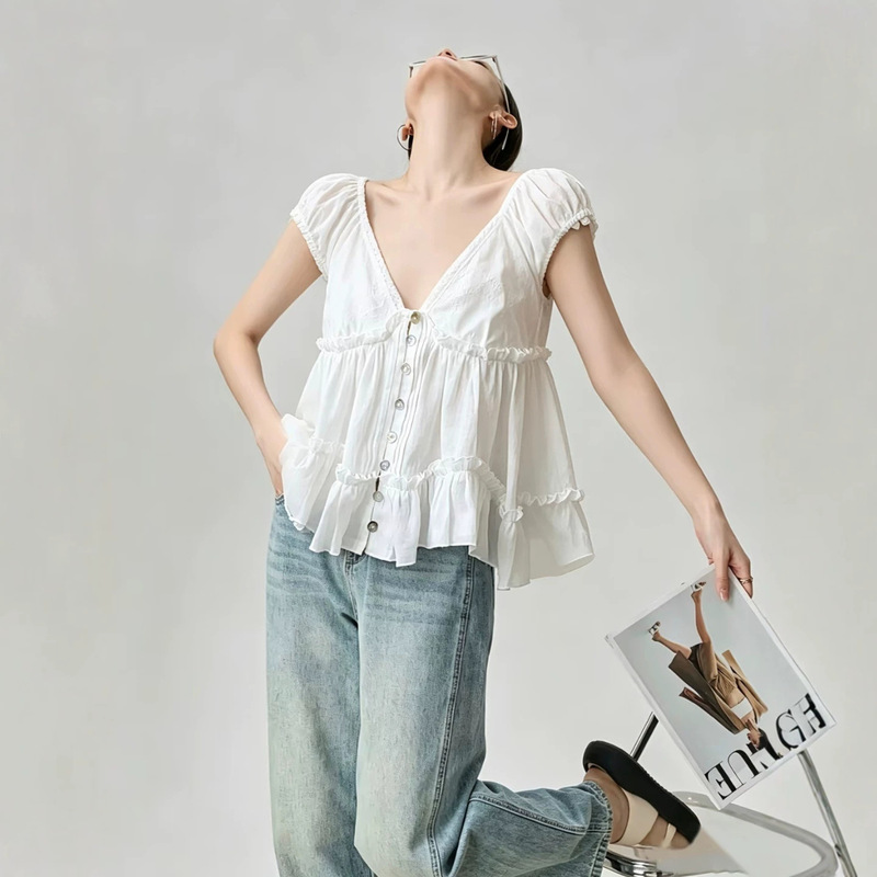 Nanyou's New 2026 French-Style Sweet V-Neck Lace Ruffle Slim-Fit Backless Loose Pure Cotton Short-Sleeve Top for Women Nanyou's New 2026 French-Style Sweet V-Neck Lace Ruffle Slim-Fit Backless Loose Pure Cotton Short-Sleeve Top for Women