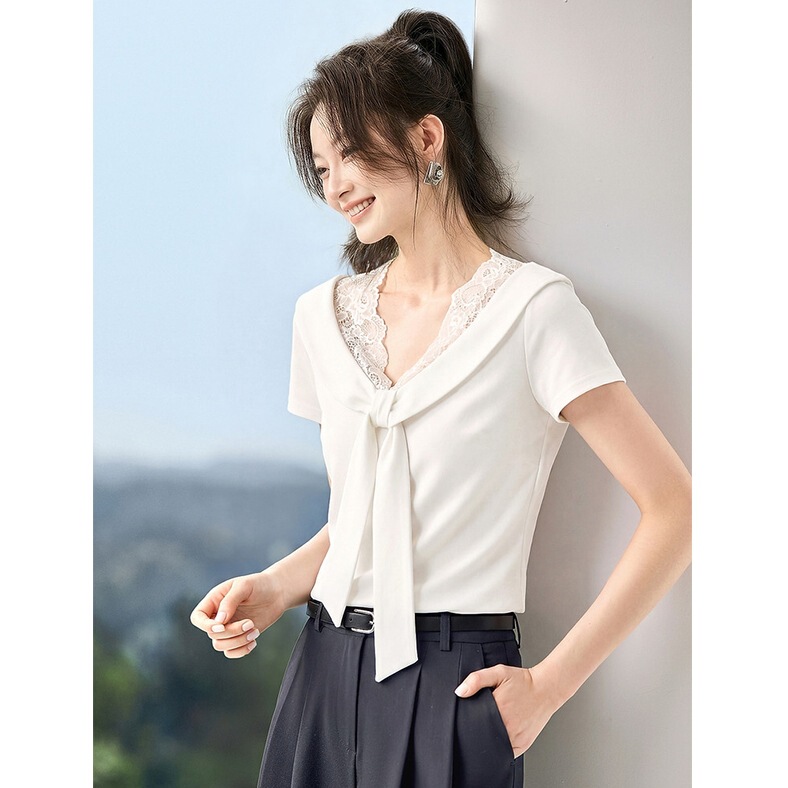 Soft Nautical Style 2026 Summer New Model Spliced Lace Navy Collar Tie-Front Fitted T-Shirt White Blue Soft Nautical Style 2026 Summer New Model Spliced Lace Navy Collar Tie-Front Fitted T-Shirt White Blue