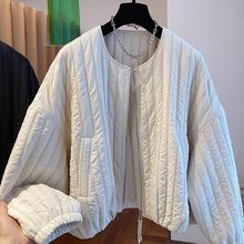 韩版感圆领短款棉服外套女冬季新款条纹宽松棉衣保暖棉袄