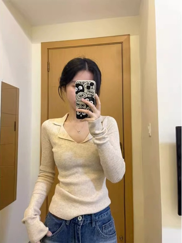 纯欲风辣妹POLO针织衫女早秋穿搭打底设计感小众修身显瘦别致上衣|undefined