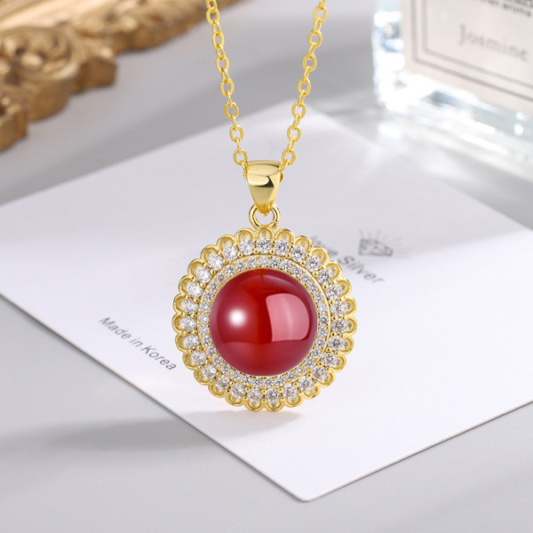Ethnic retro organic agate pendant with zircon white jade