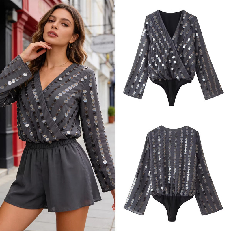 Z Brand Foreign Trade Cross-Border Ready Stock European and American Style Women's Clothing 2026 Spring New Women's Long-Sleeve V-Neck Sequin Embellished Jumpsuit
