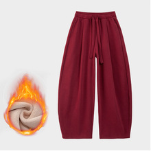 2025秋冬新款加绒加厚抽绳阔腿裤美式高腰宽松小个子休闲弯刀卫裤