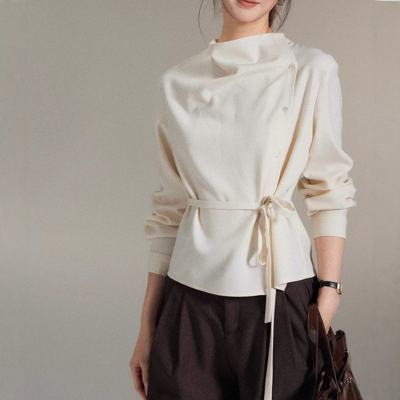 Elegant Asymmetric Swing Collar Asymmetrical Placket Tie Waist Top Women's High-End Shirt