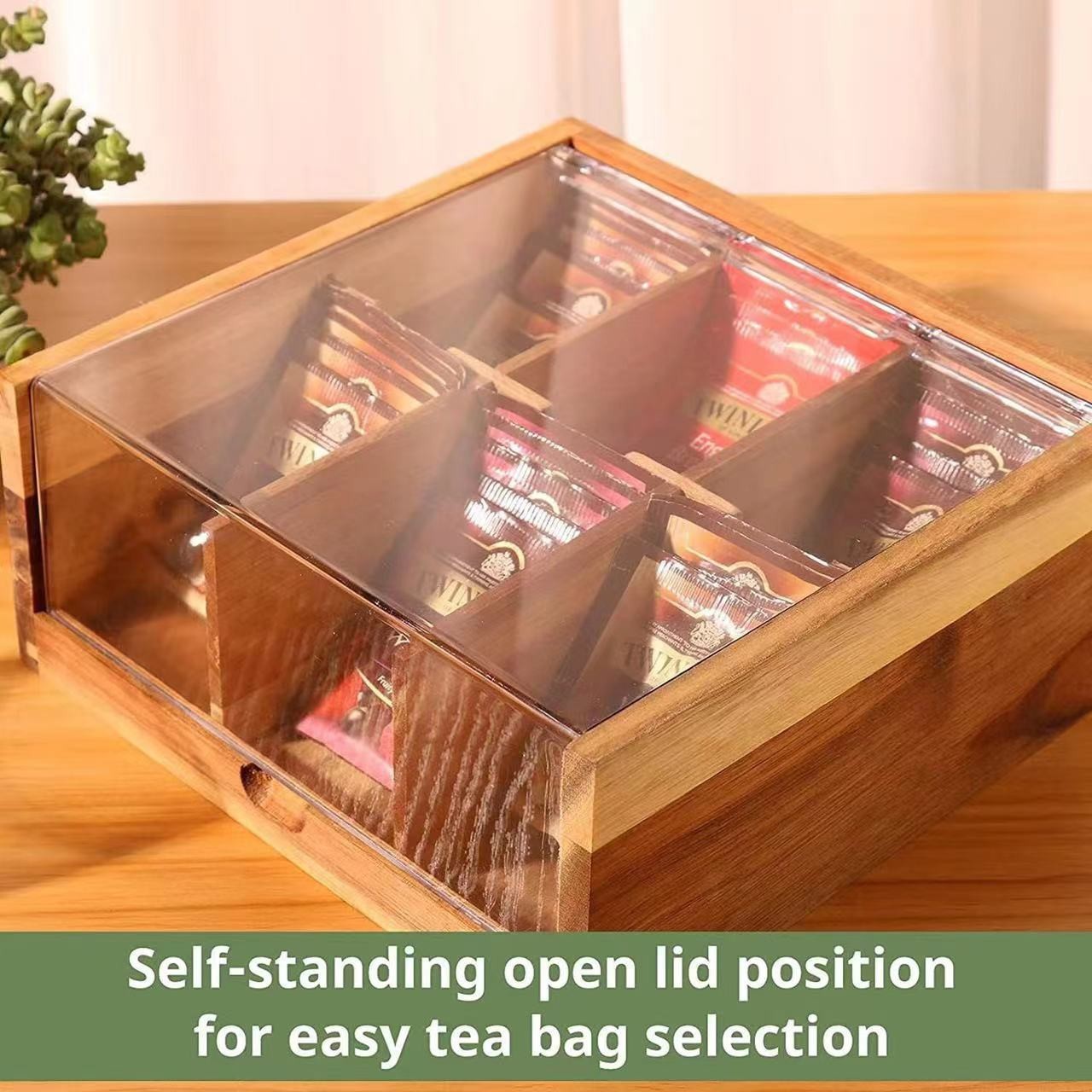 Solid Wood Coffee Bag Storage Box Living Room Desktop Tea Bag Storage Box Acrylic Transparent Cover Bamboo Wood Compartment Storage Box
