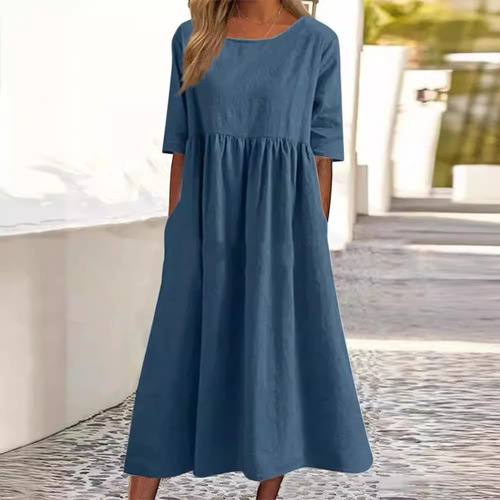 2025 Summer Independent Station Cotton Linen Casual Short Sleeve Pocket Pleated Loose Round Neck Dress
