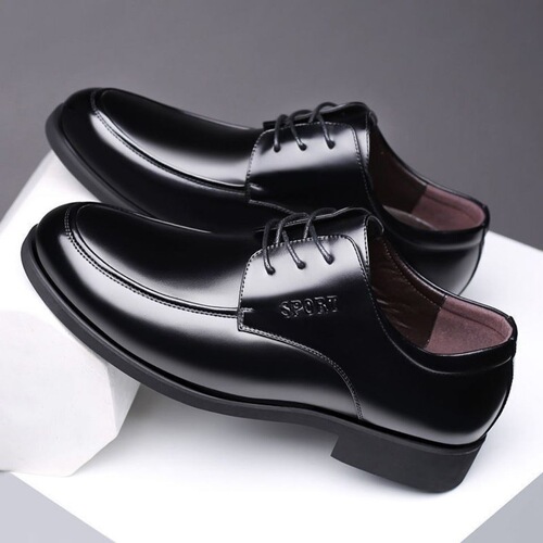 Soft Leather and Green Leather Shoes with Internal Height Increase, Breathable Business Formal Laced Black Men's Shoes with Soft Sole and Round Toe