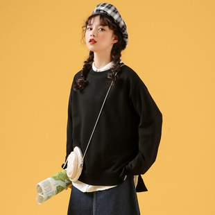 Round Neck Black Sweat 2021 New Early Spring Autumn Thin Trendy Ins Loose Korean Style Top with Split Hem