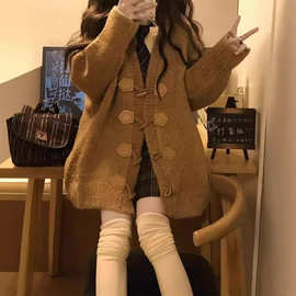 2024秋冬新款美式设计感爆款针织开衫女日系复古牛角扣毛衣外套女