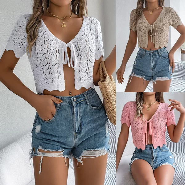 2026 Summer Lace-Up Hollow Out Short Sleeve Knitted Cardigan Vacation Crop Top Sunscreen Shirt Independent Cross-Border Women's Fashion