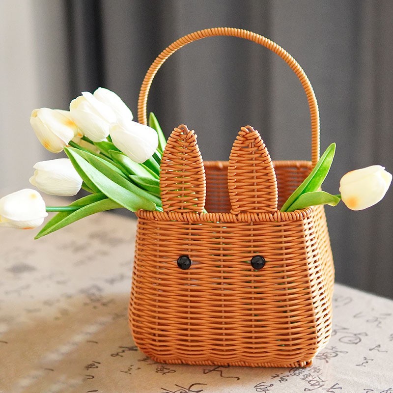 Cesta de Ratán Sintético con Orejas de Conejo de PP Decorativo para Pascua y Bodas