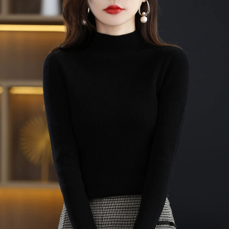 Demi-season woolen knitted sweater, slim fit, high collar, tight