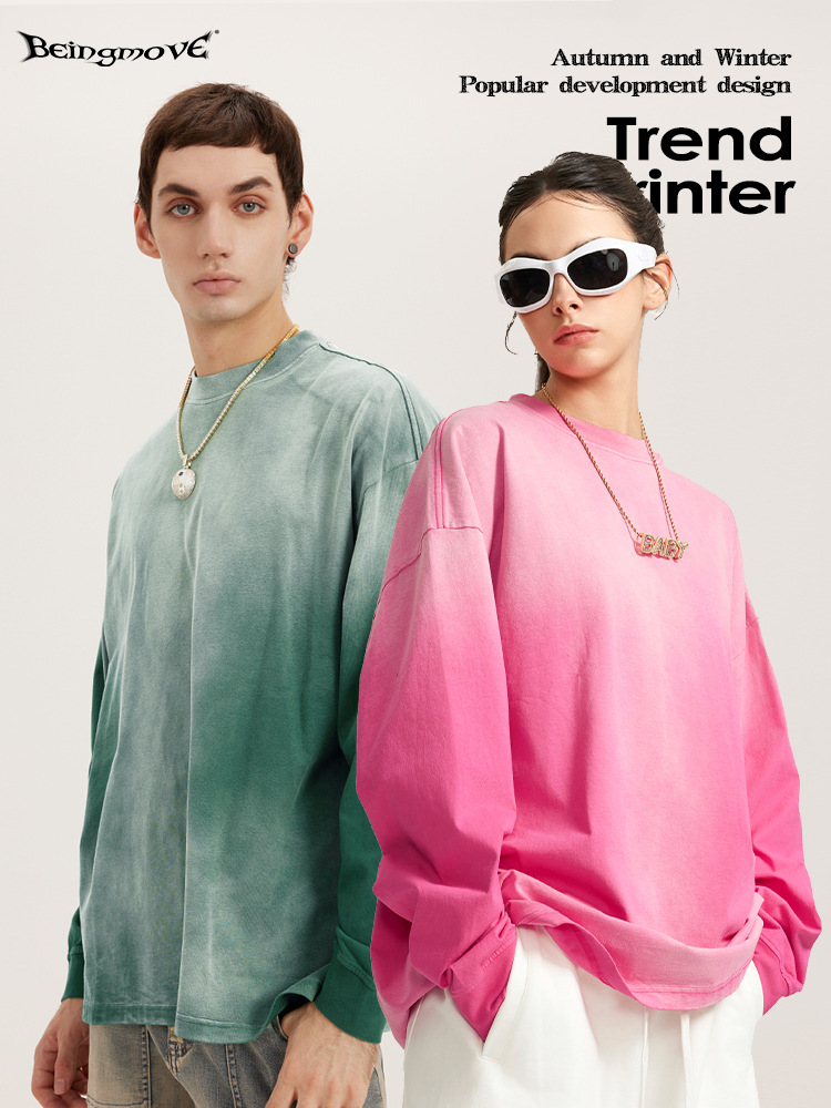 2025 otoño marca de moda americana ins peso pesado 260g lavado degradado marca de moda con hombros caídos camiseta suelta de manga larga hombres