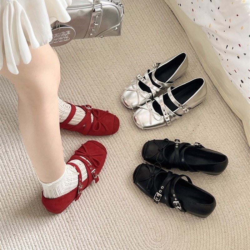 Inner Height Increase 5cm Silver Mary Jane Women's Shoes Bow Flats Summer Retro Shallow Mouth Ballet Flats