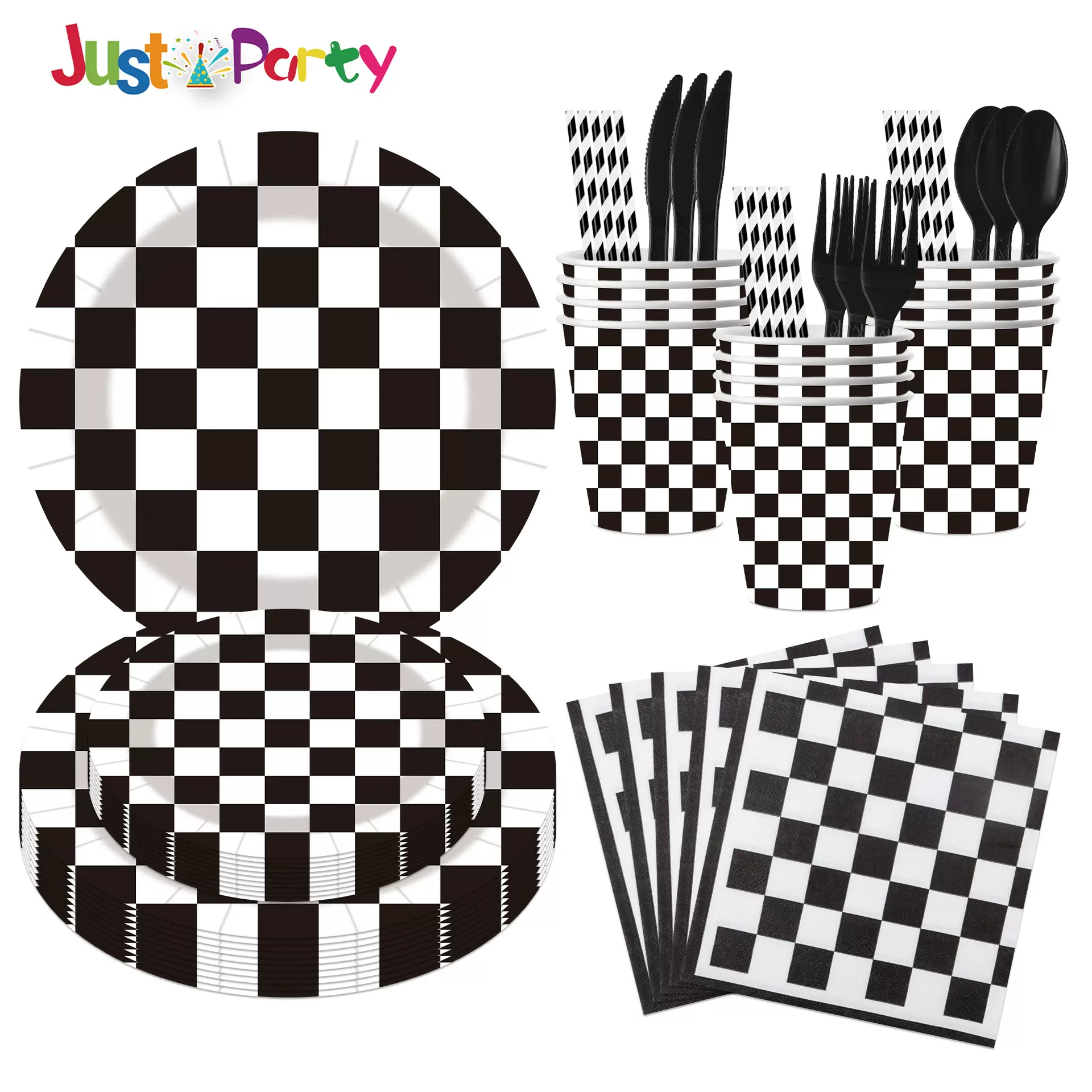赛车生日主题黑白格派对纸盘纸巾刀叉勺一次性纸杯纸餐具派对用品