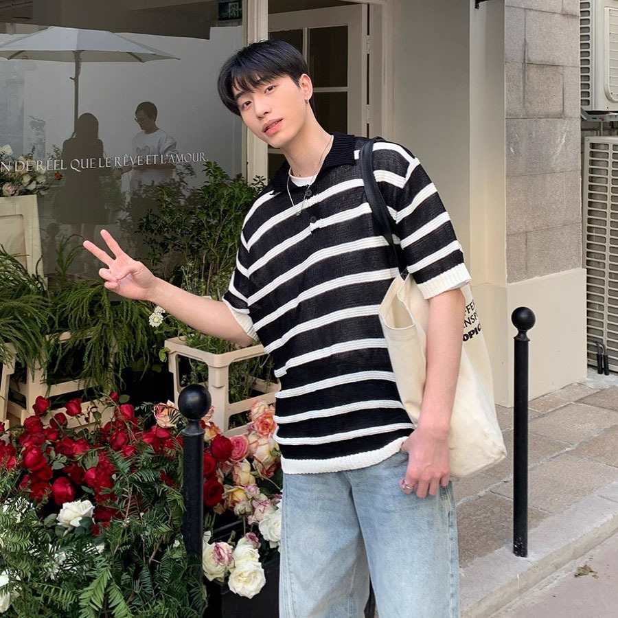 Verano nuevo estilo suéter de manga corta hombres rayas hueco transpirable camisa POLO negocio marea coreano comercio exterior transfronterizo al por mayor