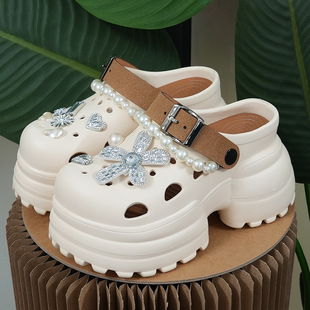 Height-Increasing 10cm Fashionable Versatile New Pearl Chain Crystal Flower Clogs for Women, Outdoor Thick-Soled Non-Slip Sandals