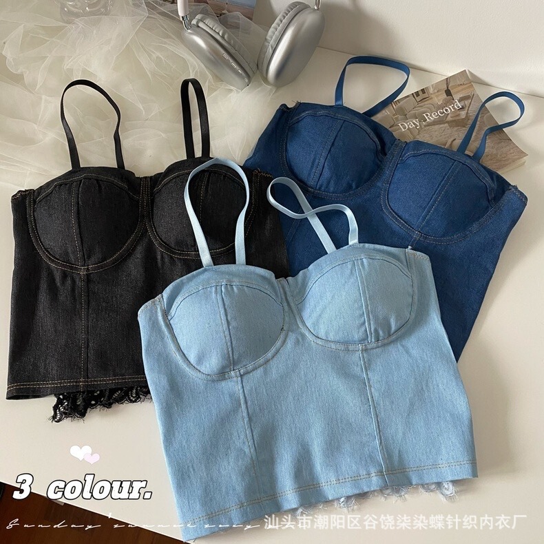 American-Style Backless Denim Camisole for Women with Breast Pads, Summer Sweet and Cool Hot Girl Inner Wear and Outer Wear Design Top American-Style Backless Denim Camisole for Women with Breast Pads, Summer Sweet and Cool Hot Girl Inner Wear and Outer Wear Design Top