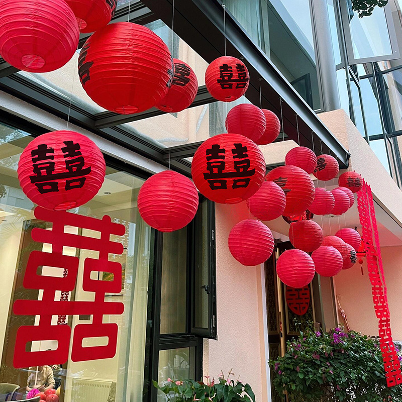 Linterna de papel de bodas, diseño de la casa de bodas, patio rural, puerta colgante, bola de panal roja, exterior