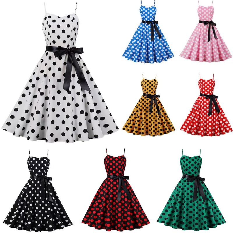 European and American Clothing Polka-Dot Dress, Retro Large Hem Lace-Up Long Skirt, Suspender Skirt, One-Piece Drop Shipping, Large Quantity Discount