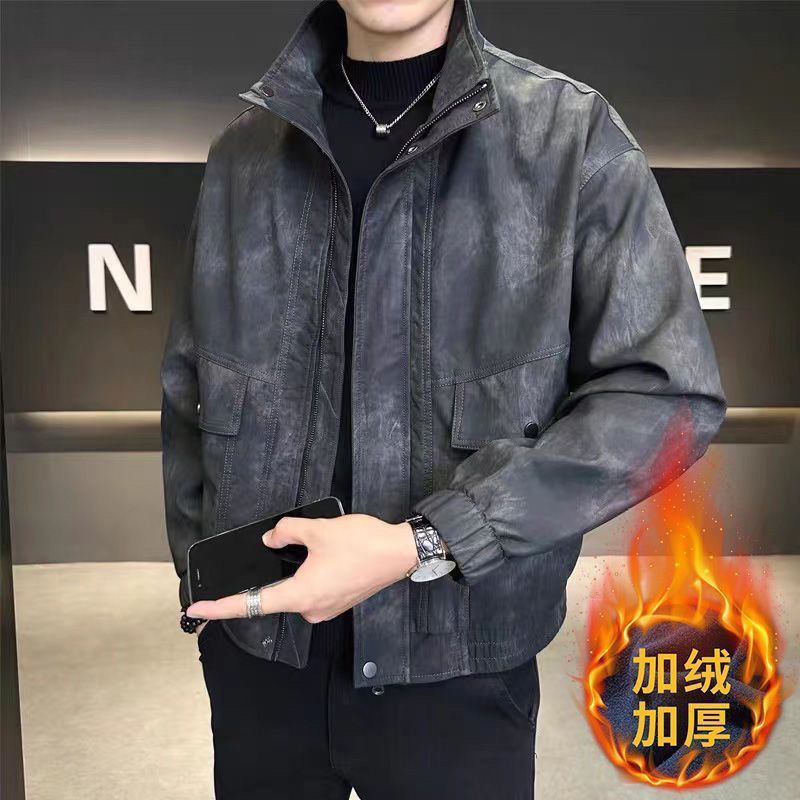 男士上衣2025秋季机车痞帅新款皮夹克立领外套潮牌皮衣棕色灰色