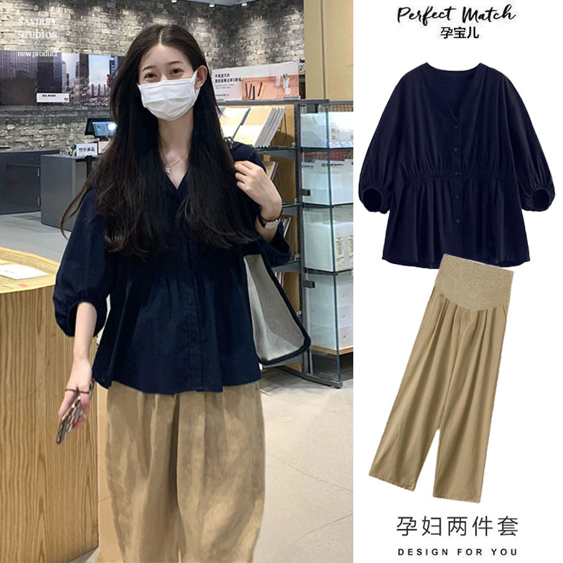 Pregnant Women's Top Summer Clothes Korean Loose Pleated Shirt Spring and Summer Pregnant Women's suit Summer Wide Leg Pants Fashion Two-piece Set
